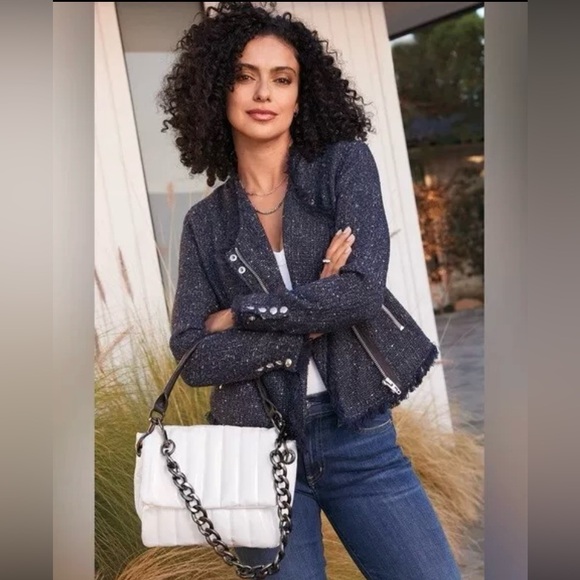 Blank NYC zippered motorcycle tweed blue jacket, silver hardware - Picture 3 of 12